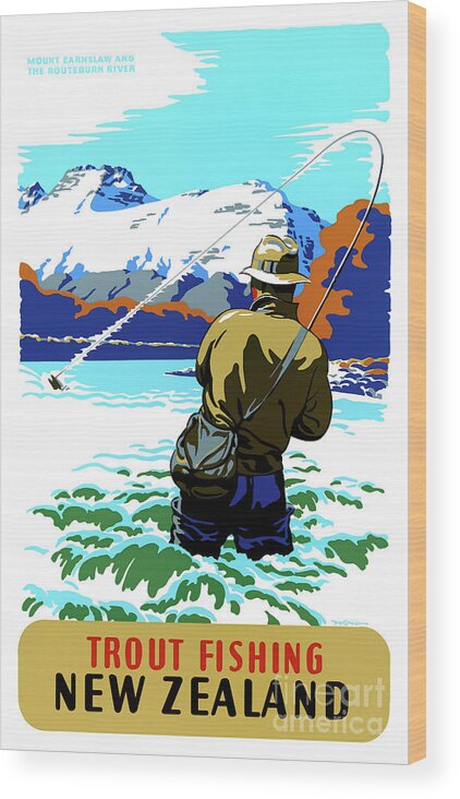 New Zealand Trout Fishing Vintage Travel Poster Restored Wood