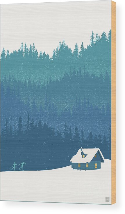 Nordic Ski Wood Print featuring the painting Nordic Cross Country Winter Ski Scene by Sassan Filsoof