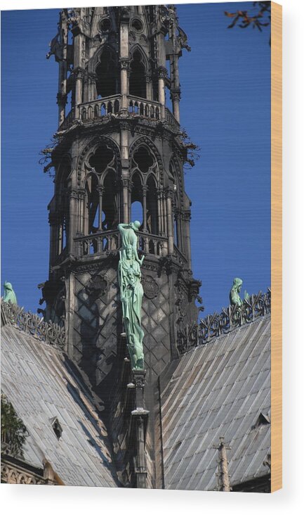 Notre Dame Paris Wood Print featuring the photograph Notre Dame Paris - Spire, Roof, Statuary by Jacqueline M Lewis
