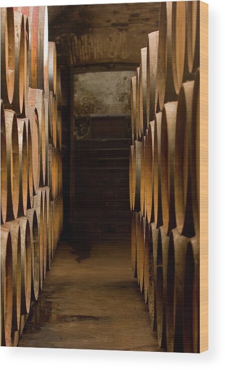 Alcohol Wood Print featuring the photograph Oak Barrels At The Wine Cellar by Kycstudio