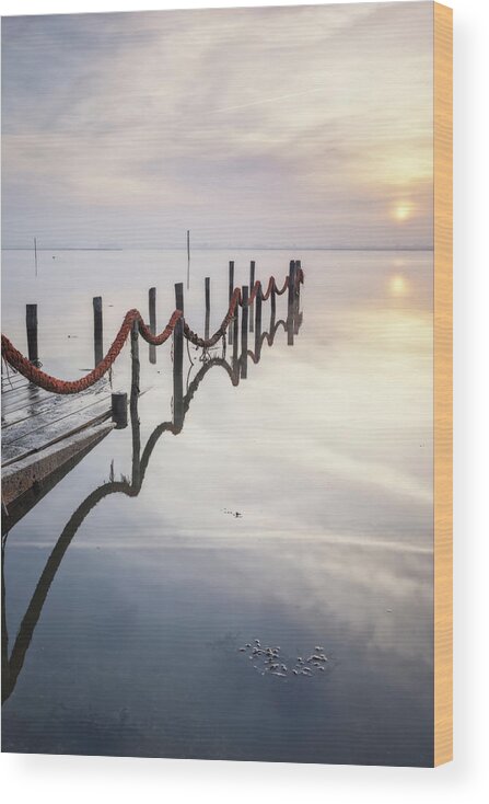 Boat Wood Print featuring the photograph Old Wooden Port Submerged At Sunrise by Cavan Images