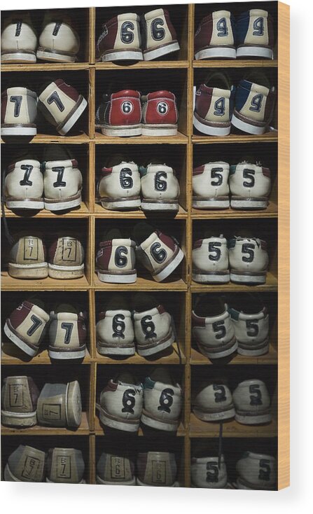 Rectangle Wood Print featuring the photograph Pairs Of Bowling Shoes On A Shelf by Rubberball/mike Kemp