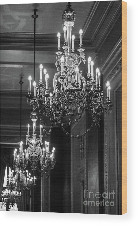 Paris Wood Print featuring the photograph Paris Opera House Chandeliers Black White Sparkling Opulent Chandelier Decor by Kathy Fornal