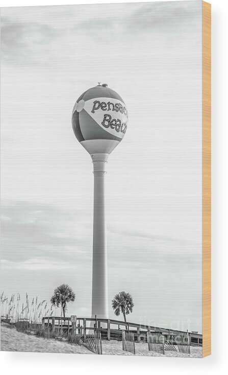 America Wood Print featuring the photograph Pensacola Beach Ball Water Tower Black and White Photo by Paul Velgos