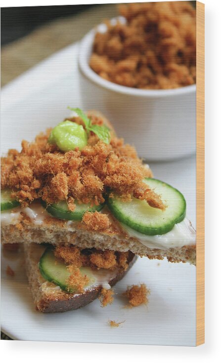 Color Image Wood Print featuring the photograph Pork Floss And Sliced Cucumber On Toasts by Iris Filson