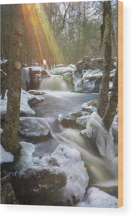 Winter Ice Snow River Stream Brook Water Waterfall Fall Falls Waterfalls Newengland New England U.s.a. Usa Jefferson Holden Ma Mass Massachusetts Brian Hale Brianhalephoto Forest Trees Woods Trout Brook Conservation Reservation Natural Nature Spring Brook Flare Sun Streak Wood Print featuring the photograph Portrait of Winter flare by Brian Hale