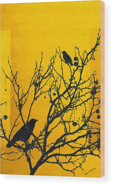  ‘contemporary Neo Expressionism’ Collection By Serge Averbukh Wood Print featuring the digital art Raven - Black over Yellow by Serge Averbukh
