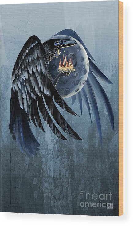 Raven Art Wood Print featuring the painting Raven Shaman by Sassan Filsoof