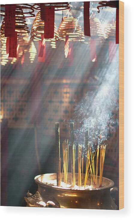 Chinese Culture Wood Print featuring the photograph Rays Of Light Through Incense Coils by Sirintira Maneesri