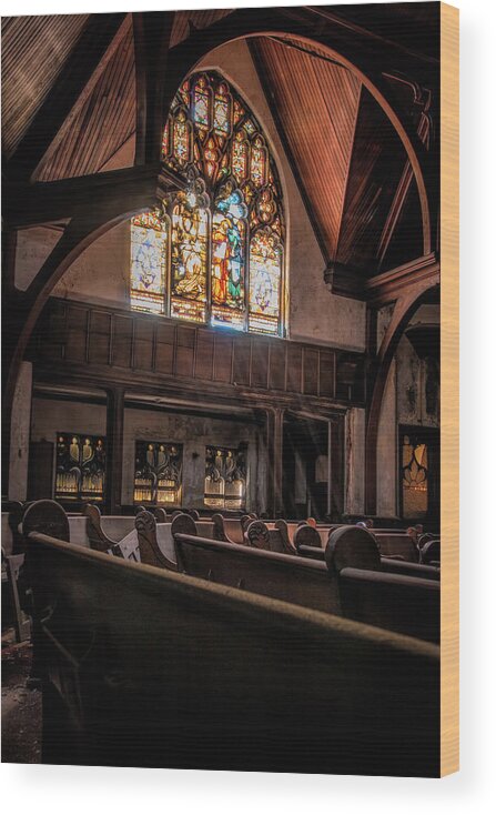 Abandoned Wood Print featuring the photograph Rays Of Light Within The Sanctuary by Kristia Adams