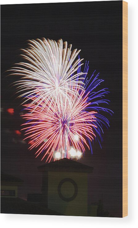 Fireworks Wood Print featuring the photograph Red, White and Blue Fireworks over Las Cruces, New Mexico by Chance Kafka