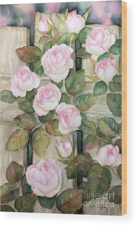 Floral Wood Print featuring the painting Garden roses on fence by Inese Poga