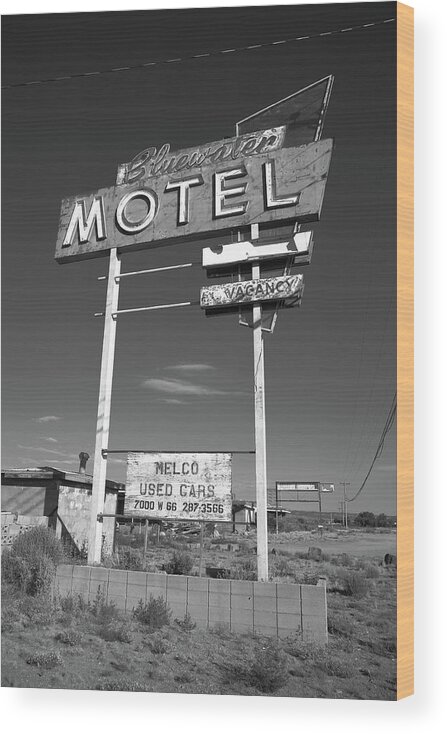 66 Wood Print featuring the photograph Route 66 - Bluewater Motel 2012 BW by Frank Romeo