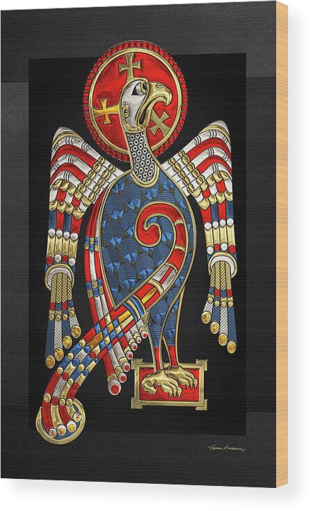 ‘celtic Treasures’ Collection By Serge Averbukh Wood Print featuring the digital art Sacred Celtic Eagle over Black Canvas by Serge Averbukh