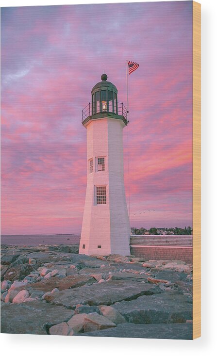 Sunrise Wood Print featuring the photograph Pink Morning at Scituate Lighthouse by Ann-Marie Rollo