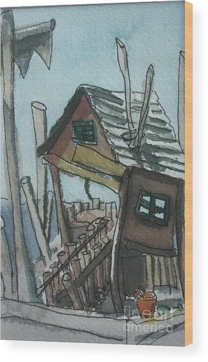 Wooden Structure Wood Print featuring the painting Seaside shack by Sonia Mocnik