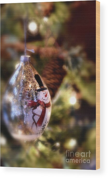 Christmas Wood Print featuring the photograph Snowman Ornament by Lois Bryan