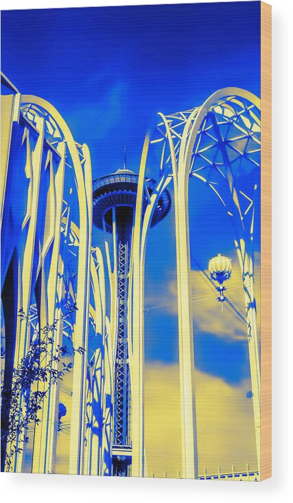 Space Needle Wood Print featuring the photograph Space Needle Blue and Yellow by Cathy Anderson