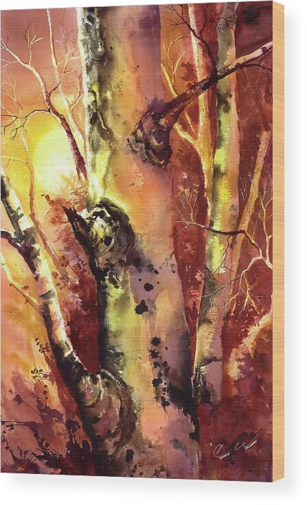 In The Woods Wood Print featuring the painting Sunlight Aspen by Connie Williams