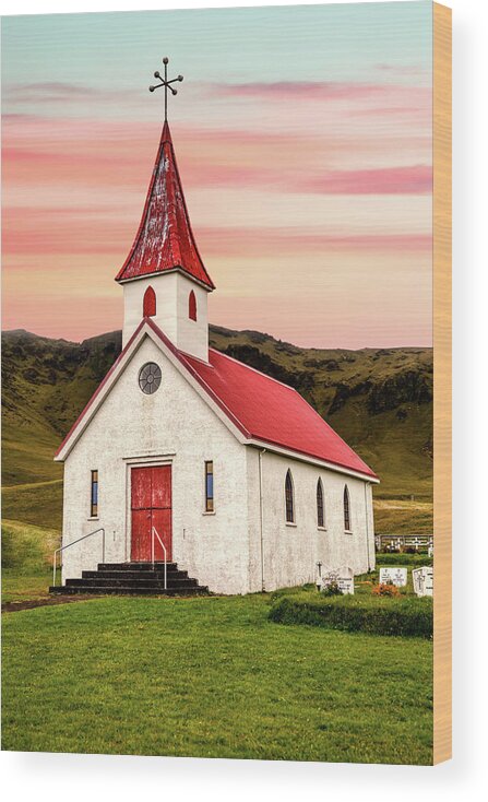 Church Wood Print featuring the photograph Sunset Chapel of Iceland by David Letts
