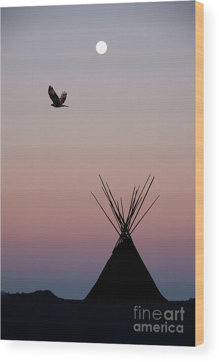 Wigwam Wood Print featuring the photograph Teepee At Sunset With Full Moon by Wwing
