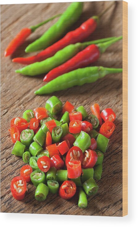 Southeast Asia Wood Print featuring the photograph Thai Red And Green Fresh Market Chili by Enviromantic