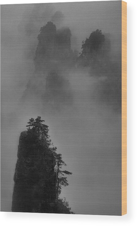 Fog Wood Print featuring the photograph The Fogging Peak by Dennis Zhang