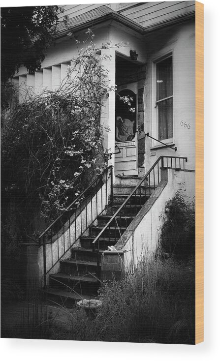 Black And White Wood Print featuring the photograph The Gargoyle at House 666 by Mary Lee Dereske