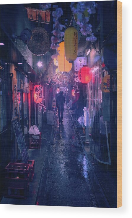 Asia Wood Print featuring the photograph Tokyo Blue Rain by Javier De La