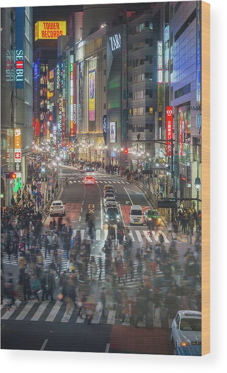 Crowd Wood Print featuring the photograph Tokyo Shibuya Crossing Crowds Of People by Fotovoyager
