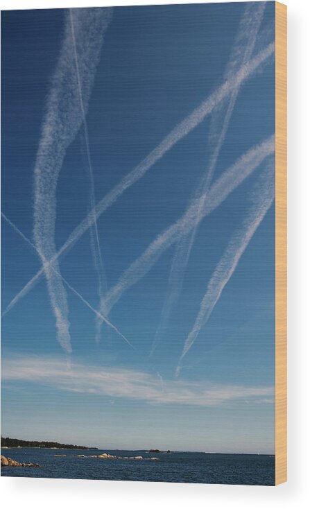 Air Pollution Wood Print featuring the photograph Traces From Airplanes In The Sky by Lindewall, Ingemar