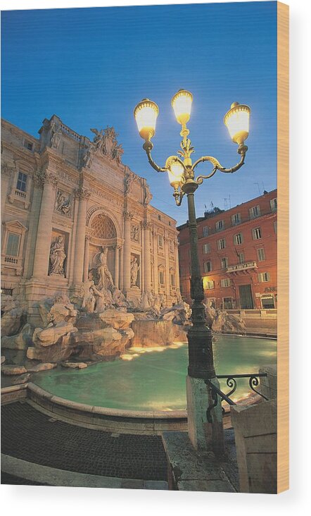 Built Structure Wood Print featuring the photograph Trevi Fountain At Night, Rome, Italy by Walter Bibikow