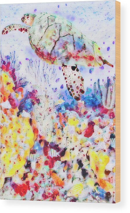 Atlantic Wood Print featuring the photograph Turtle at the Reef Abstract Watercolors by Debra and Dave Vanderlaan