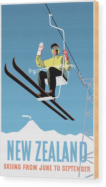 Vintage Wood Print featuring the drawing New Zealand Vintage Travel Poster Skiing Restored by Vintage Treasure