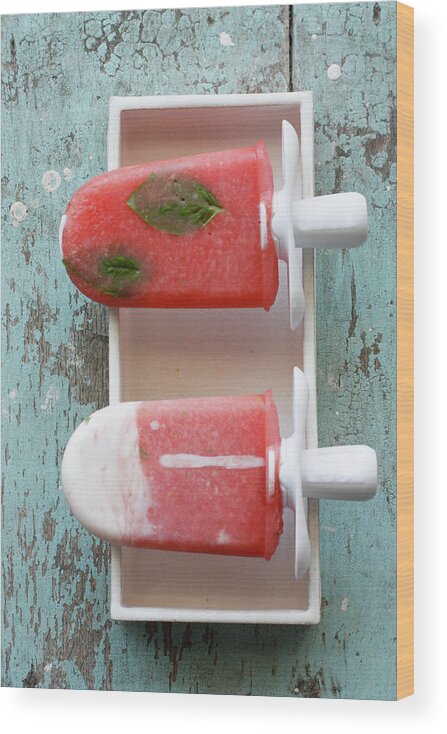 Two Objects Wood Print featuring the photograph Watermelon And Basil Icicle by Seven