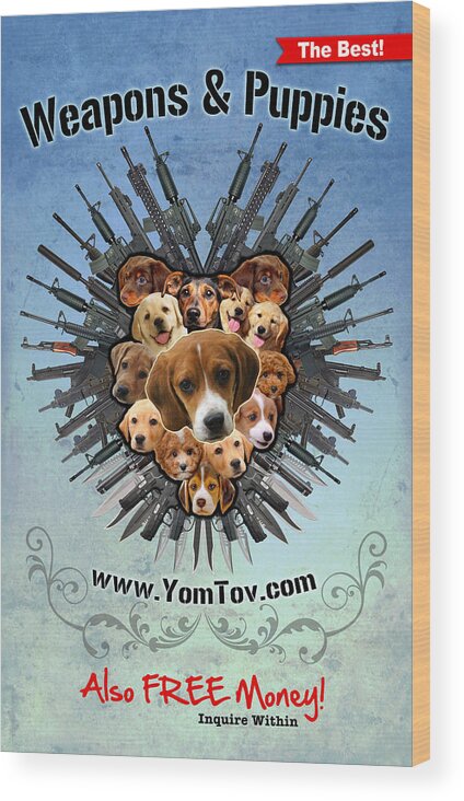 Weapons Wood Print featuring the painting Weapons and Puppies Blue by Yom Tov Blumenthal