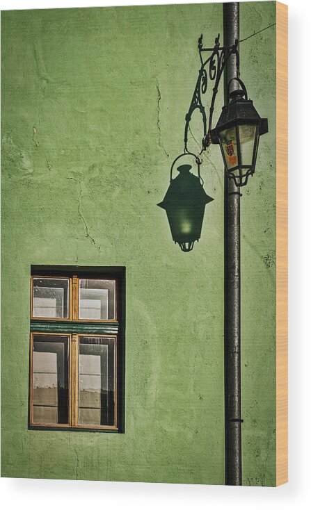 Sighisoara.romania Wood Print featuring the photograph Window Streetlight and Shadow - Romania by Stuart Litoff