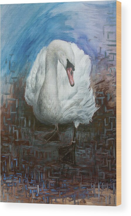 Swan Wood Print featuring the painting Wingcut Swan by Hans Egil Saele