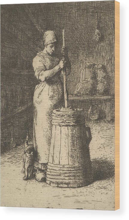 19th Century Art Wood Print featuring the relief Woman Churning Butter by Jean-Francois Millet