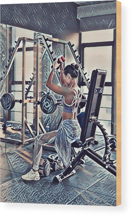 Woman Exercise Workout In Gym Fitness Wood Print featuring the painting Woman exercise workout in gym fitness by Jeelan Clark