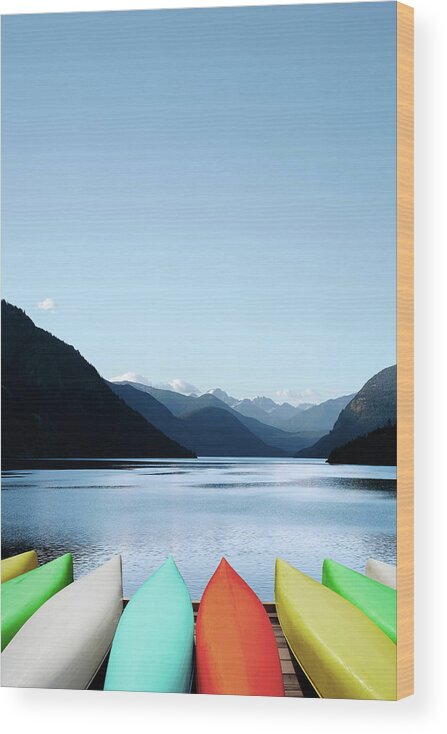 Scenics Wood Print featuring the photograph Xxxl Canoes And Mountain Lake by Sharply done