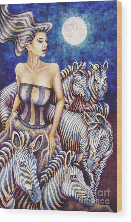 Animal Wood Print featuring the painting Zebra Moon by Amy E Fraser