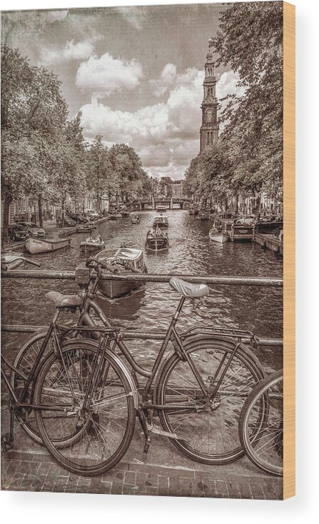 Boats Wood Print featuring the photograph Bicycles on the Canals II in Vintage Sepia #1 by Debra and Dave Vanderlaan