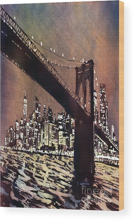 Fine Art Painting Wood Print featuring the painting Brooklyn Bridge #1 by Ryan Fox