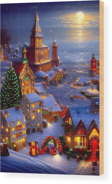 Digital Christmas Village Snow Wood Print featuring the digital art Christmas Village #1 by Beverly Read