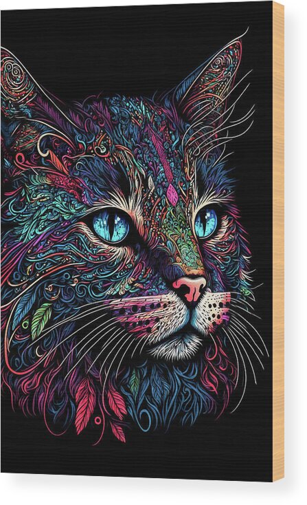 Colorful Cats Wood Print featuring the digital art Colorful Cat Closeup by Peggy Collins