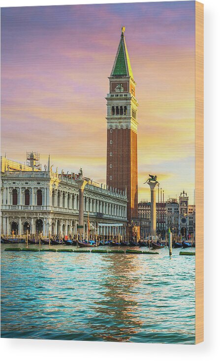 Venice Wood Print featuring the photograph Venice landmark at dawn, Piazza San Marco with Campanile and Dog #1 by Stefano Orazzini