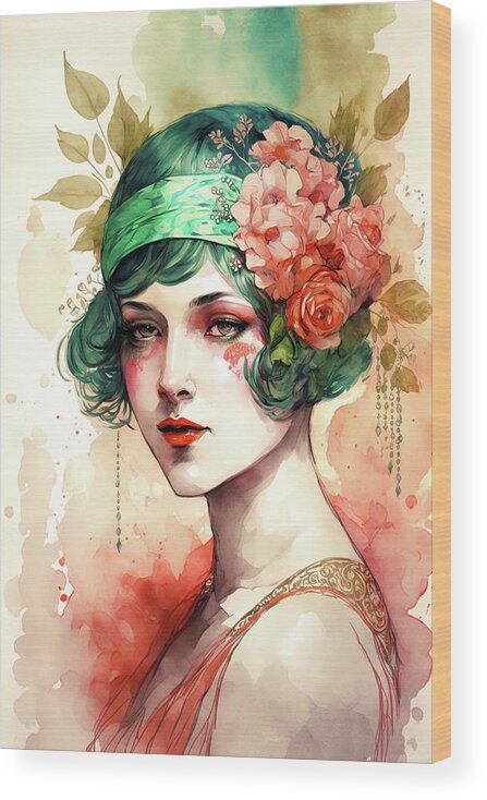 Woman Wood Print featuring the digital art 1920s Flapper Woman Watercolor 03 by Matthias Hauser