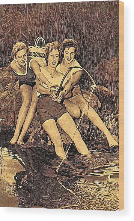 Modern Picture Painting Wood Print featuring the mixed media 1950s Threes Sisters Fishing For...2of2 by Joan Stratton