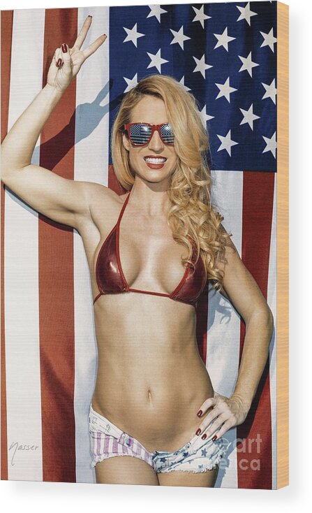 Victory America 4th Of July Wood Print featuring the photograph 8795 Piper Precious Famous Dancer and American Flag by Amyn Nasser Fashion Photographer